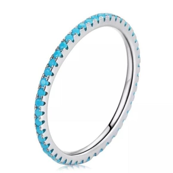 Turqouise 925 Sterling Silver Band Stacking Ring Blue - Picture 1 of 11